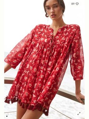NWT Ro's Garden Women's Seychelles Tunic Dress Tassel Red Floral Resortwear